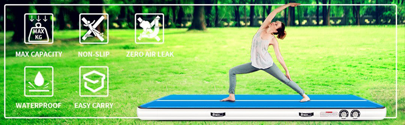 Hero image: a woman is using Furgle Airtrack Floor Inflatable Gymnastics Tumbling Mat